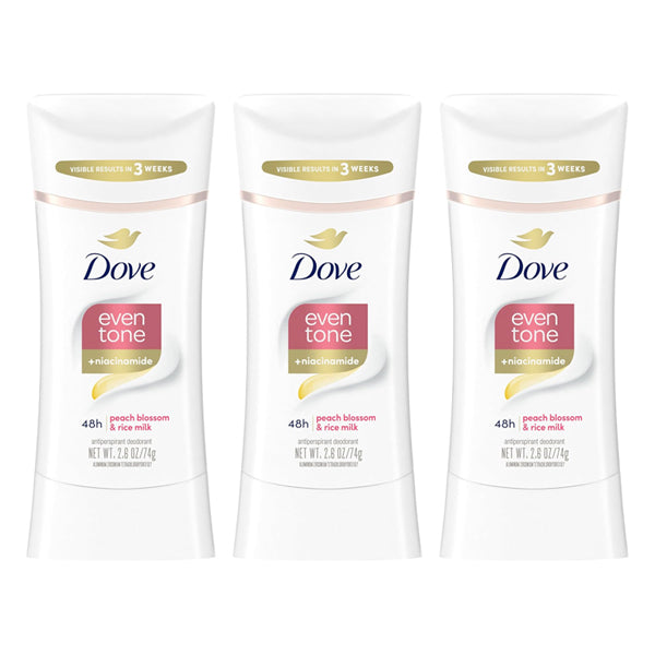Three Dove Even Tone Deodorant sticks, Peach Blossom & Rice Milk scent, 2.6oz each, are displayed side by side in this 3 Pack.
